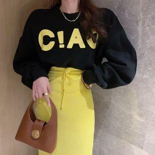 Lettering Sweatshirt / Corduroy Midi Pencil Skirt