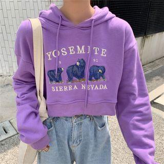 Lettering Bear Embroidered Cropped Hoodie