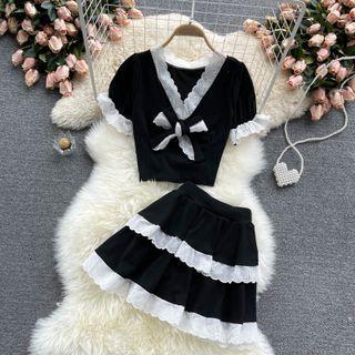 Set: Short-sleeve Lace Trim Top + A-line Skirt