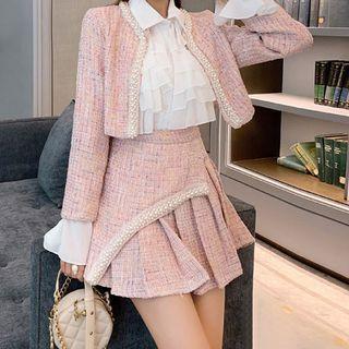 Set: Tweed Jacket + A-line Skirt + Ruffle Blouse