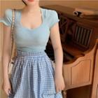 Short-sleeve Plain Crop Top / Gingham Midi Skirt