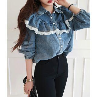Lace-trim Frilled Denim Blouse Light Blue - One Size