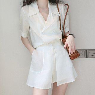 Set: Puff-sleeve Plain Double-breasted Blazer Top + High-waist Plain Wide-leg Shorts