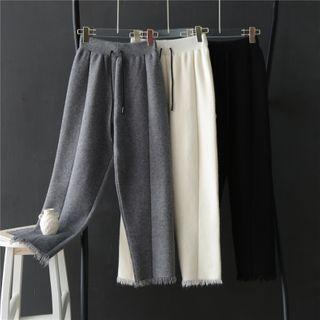 Drawstring-waist Fringed Hem Knit Harem Pants