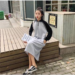 Long-sleeve Zip Placket Midi Shift Dress