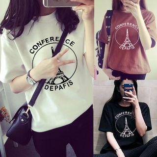 Elbow-sleeve Eiffel Tower Print T-shirt