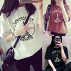 Elbow-sleeve Eiffel Tower Print T-shirt