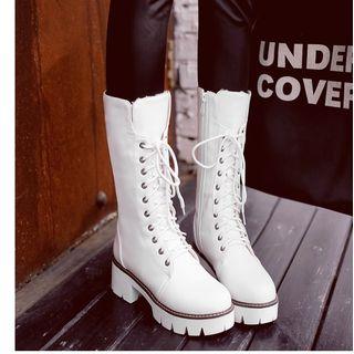 Faux Leather Lace-up Platform Block Heel Boots