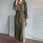 Long-sleeve Midi Shirt Dress Army Green - One Size