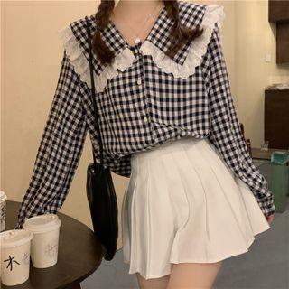 Lace Trim Gingham Blouse Plaid - Black & White - One Size