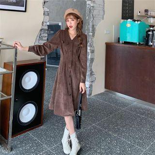 Long-sleeve Button-up A-line Corduroy Dress