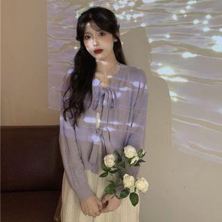 Puff-sleeve Midi A-line Lace Dress / Tie-front Knit Top