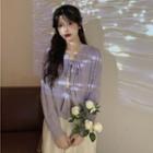 Puff-sleeve Midi A-line Lace Dress / Tie-front Knit Top