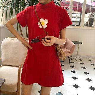 Short-sleeve Floral Print Turtleneck Mini Dress Red - One Size