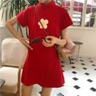 Short-sleeve Floral Print Turtleneck Mini Dress Red - One Size