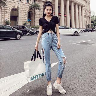 Set: Drawstring Short-sleeve Knit Top + Distressed Straight-cut Jeans