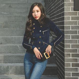 Belted Stand-collar Velvet Zip Jacket