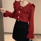 Long-sleeve Wide-collar Frill Trim Button-up Knit Top