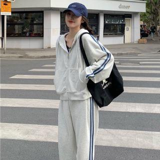Set: Striped Hooded Jacket + High-waist Striped Sweatpants