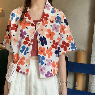 Flower Printed Loose-fit Short-sleeve Shirt As Figure - One Size