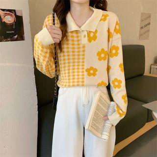 Plaid Panel Flower Print Collared Sweater