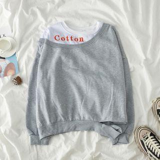 Lettering Embroidered Panel Long-sleeve Top Gray - One Size