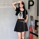 Short-sleeve Tie-front Crop Top / Leopard Print Camisole Top / Pleated Mini A-line Skirt / Set