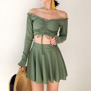 Set: Long-sleeve Drawstring Swim Top + Swim Skirt + Bottom