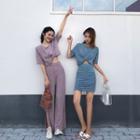 Set: Plain Knot Front Short Sleeve T-shirt + Pants / Mini Skirt
