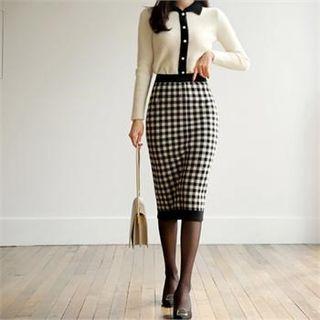 Gingham Knit Midi Skirt Navy Blue - One Size