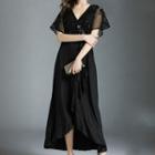 Sequined V-neck Short-sleeve Evening Gown