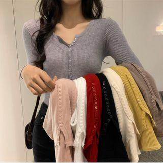 Half-button Ribbed Knit Top