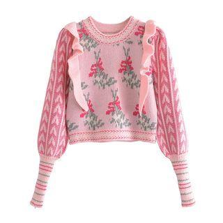 Floral Ruffle Trim Cropped Sweater