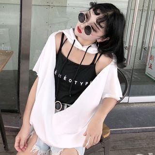 Set: Short-sleeve Cut Out Hoodie + Striped Long-sleeve T-shirt