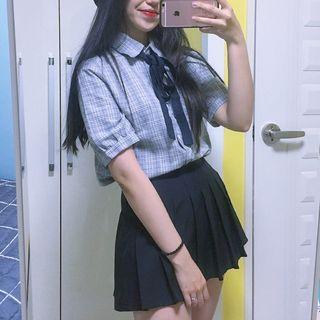 Tie-neck Plaid Print Shirt / Pleated Skirt