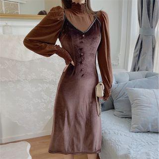 Mock-turtleneck Ruffled Blouse / Spaghetti Strap Midi Sheath Dress