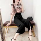 Set: Elbow-sleeve Floral Print Blouse + Harem Suspender Pants