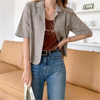 Elbow-sleeve Checked Cropped Blazer