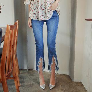 Fringed Cutout-hem Jeans