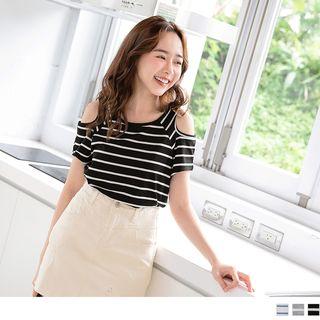 Cutout Shoulder Short-sleeve Stripe Top