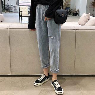 Distressed Cropped Straight-fit Jeans / Belt / Set
