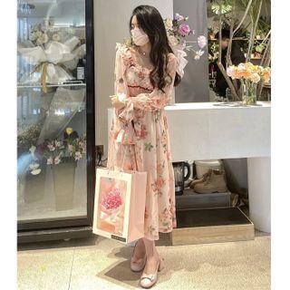 Square-neck Puff-sleeve Floral Print Ruffled Midi A-line Dress