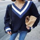 Color-block Loose-fit V-neck Knit Sweater