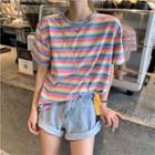 Short-sleeve Rainbow Striped T-shirt Pink Stripe - One Size