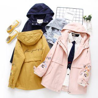 Flower Embroidered Hooded Zip Jacket / Plain Shirt With Tie
