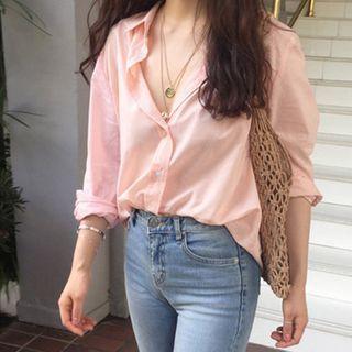 Long-sleeve Open-collar Shirt Pink - One Size