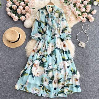 Bow Collar Floral Printed Chiffon Dress