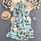 Bow Collar Floral Printed Chiffon Dress