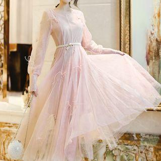 Long-sleeve Mesh A-line Midi Dress