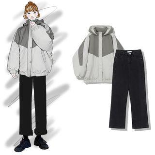 Two-tone Zip Padded Coat / Straight Leg Jeans